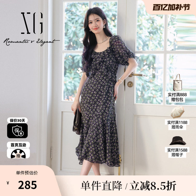 XG/雪歌XK104526B806碎花泡泡袖连衣裙时尚春季新款中长款A字裙女