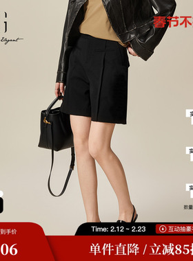 XG/雪歌XL102003A390绵羊毛休闲裤2025秋季新款黑色直筒短裤女装