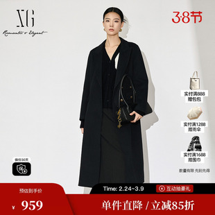 XG雪歌XJ410055A690黑色长款毛呢外套时尚冬季新款纯棉羊毛大衣女