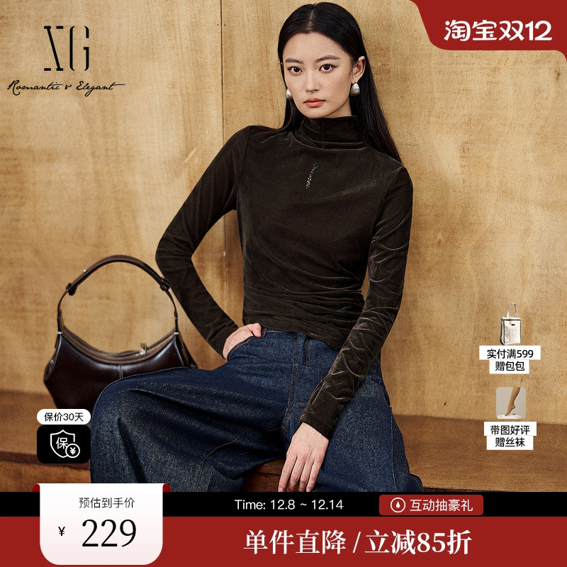 XG/雪歌XK401011A172深咖色长袖T恤2025冬季新款绒光高领上衣女装