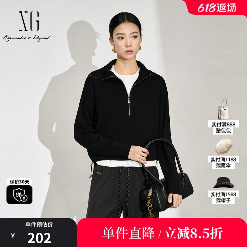XG/雪歌XL311589A890 黑拉链翻领长袖毛针织衫短款直筒宽松毛衫女