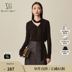 XG/雪歌XK401012A172深咖色长袖T恤2025冬季新款褶皱修身上衣女装