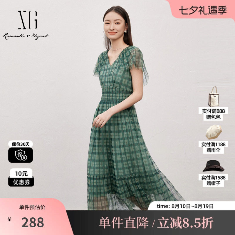XG/雪歌XJ204059B695格纹网纱连衣裙时尚夏季新款高腰短袖长裙女