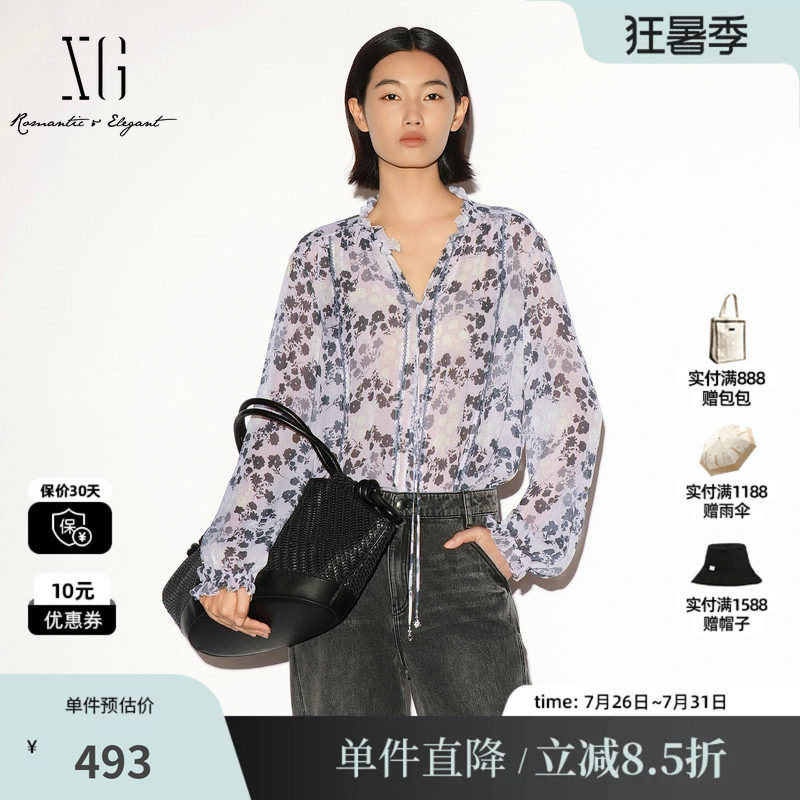 XG/雪歌 XL321019B193碎花花边领系带长袖衬衫宽松花版简约风女装
