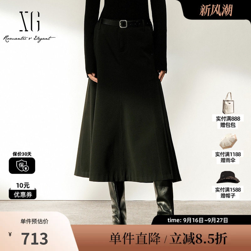 XG/雪歌XL403009A290黑色A字西装半身裙挺括腰带中长裙休闲通勤女