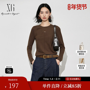 XG/雪歌XL401622A809咖色绵羊毛T恤2025冬季新款修身长袖上衣女装