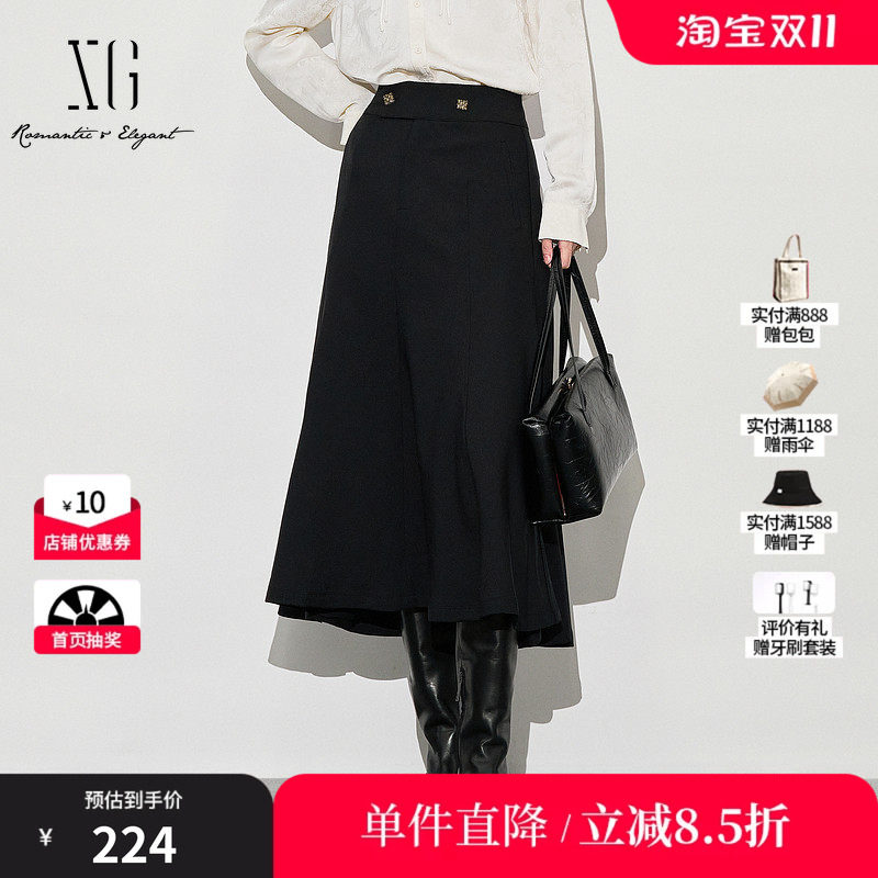 XG/雪歌XJ303020A590中长款黑色半身裙时尚秋季新款高腰A字裙女装