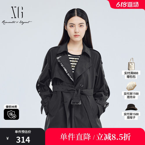XG雪歌XJ308001A290黑色双排扣风衣时尚秋季新款收腰中长款外套女