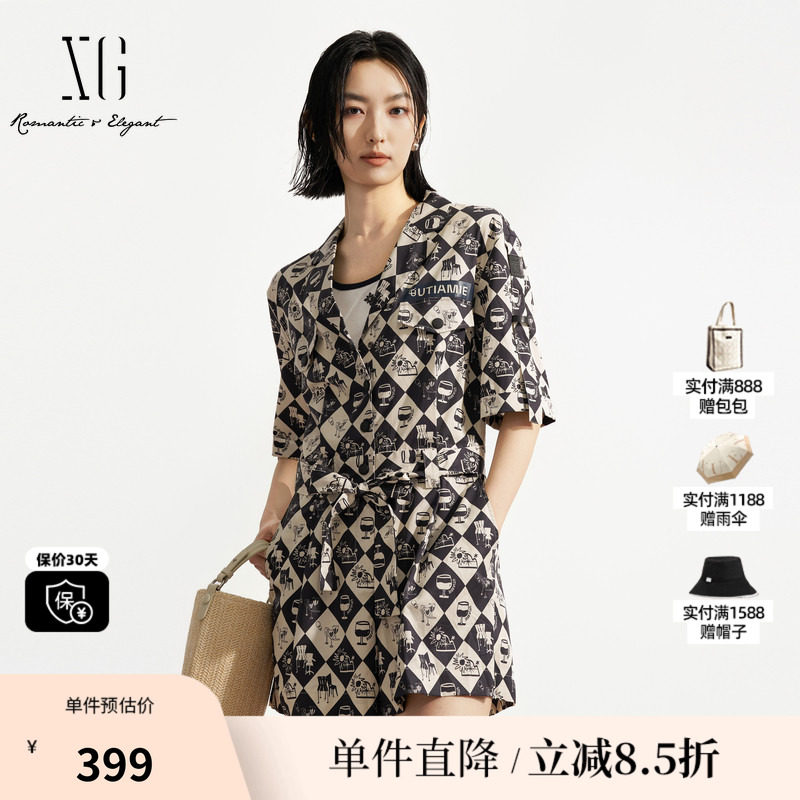 XG/雪歌XK202540B806 黑白花版莱赛尔翻领短袖休闲短裤连体裤女装