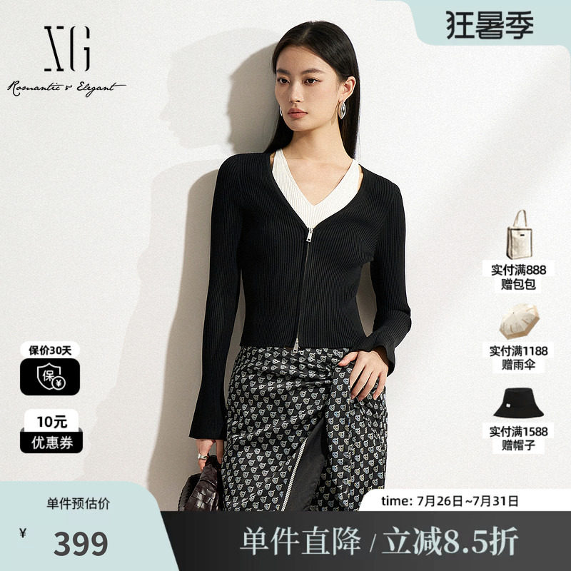 XG/雪歌XK111502A890 黑白色假两件针织衫修身显瘦套头长袖毛衣女