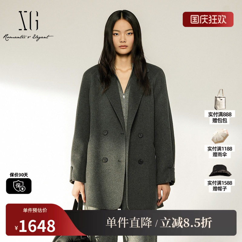 XG/雪歌 XL410027A384深灰色西装领短款双面呢大衣显瘦呢子外套女