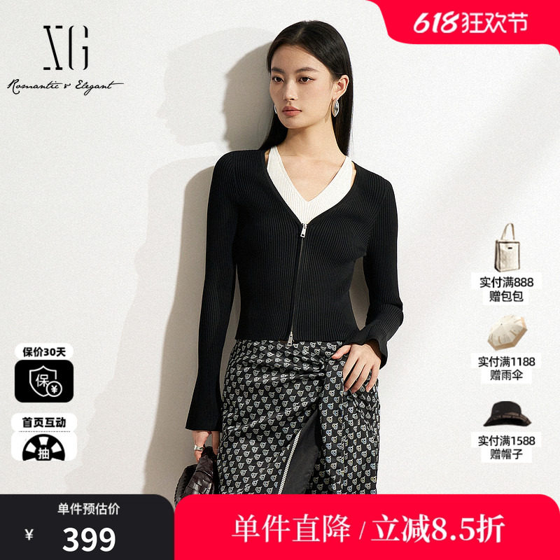 XG/雪歌XK111502A890 黑白色假两件针织衫修身显瘦套头长袖毛衣女