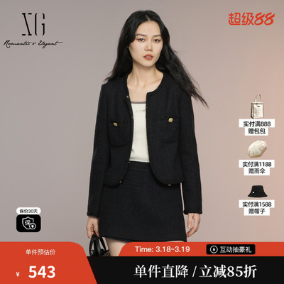 XG雪歌XK307026A390小香风长袖短外套2025秋季新款黑色短款外套女