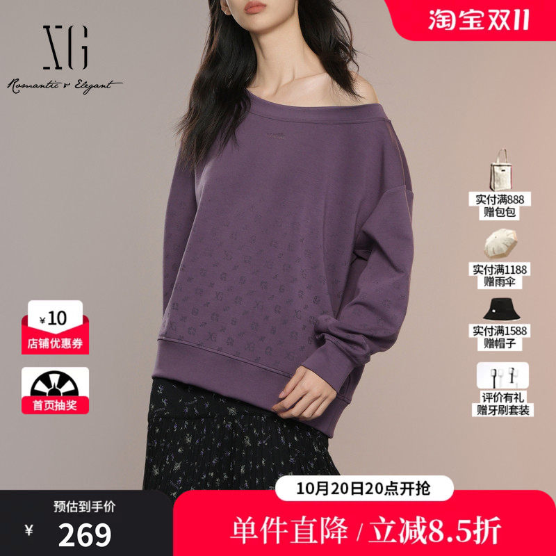 XG/雪歌XK301002A403印花长袖套头卫衣2025秋季新款深紫色上衣女