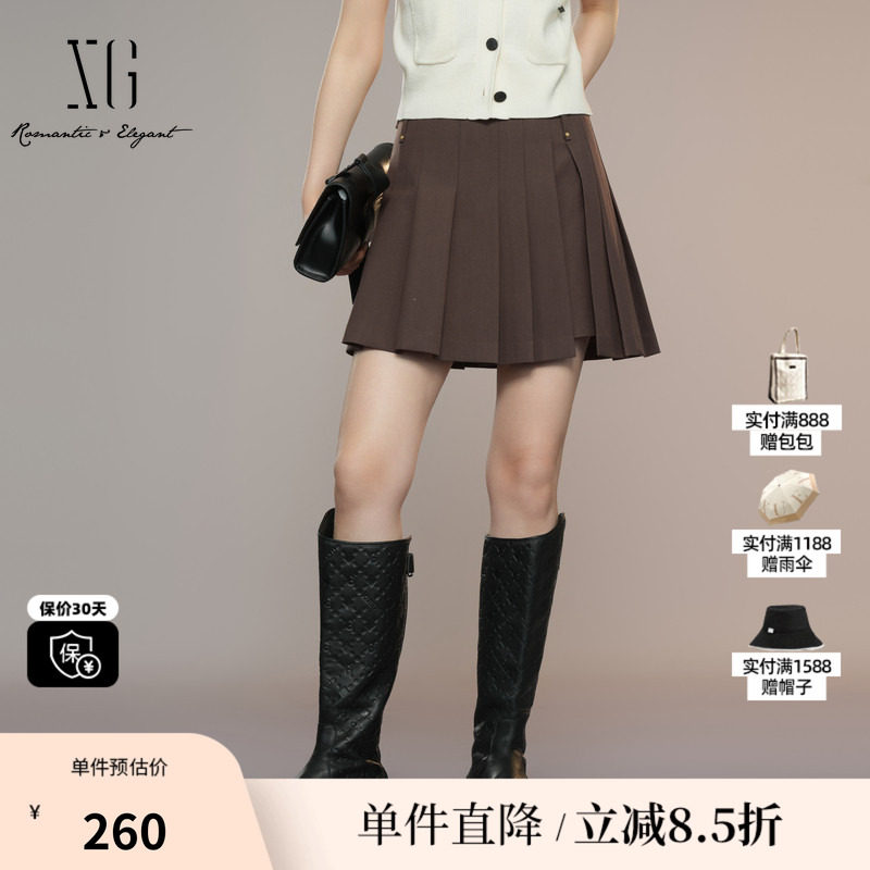 XG/雪歌XK303013A572深咖色半身裙2025秋季新款不规则百褶短裙女