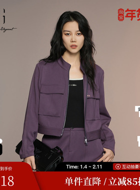 XG/雪歌XK307014A403深紫色短外套2025秋季新款大口袋圆领外套女