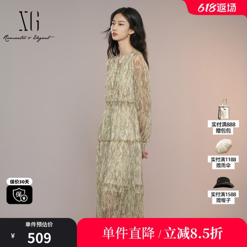 XG/雪歌XK304007B294系带领连衣裙2025秋季新款微透碎花中长裙女