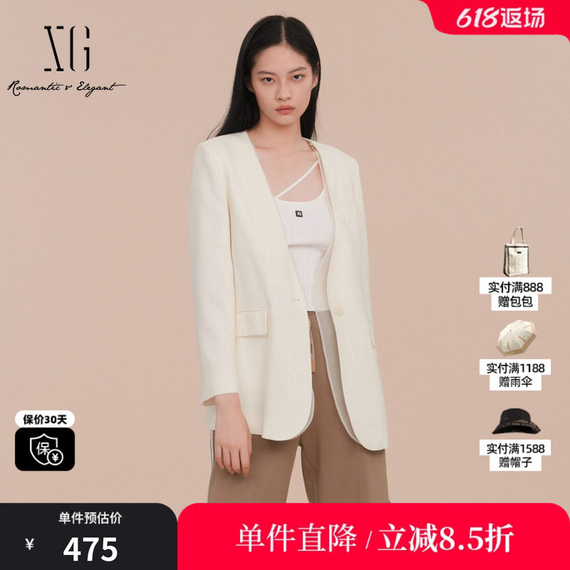 XG/雪歌XK107025A591纯醋纤V领西装网纱拼接白色职场长袖外套女装