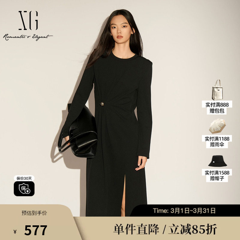 XG/雪歌XL104017A190黑色长袖连衣裙2026春季新款褶皱中长裙女装