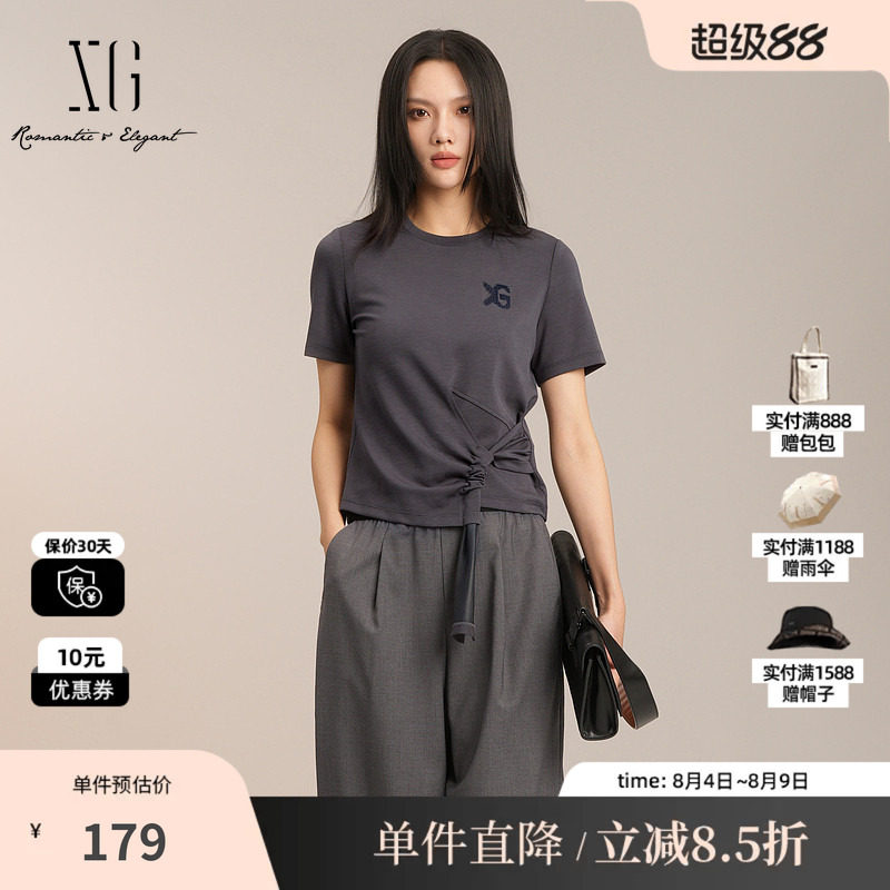 XG/雪歌XK201010A383灰色纯棉短袖T恤圆领修身绑带扭结打底上衣女