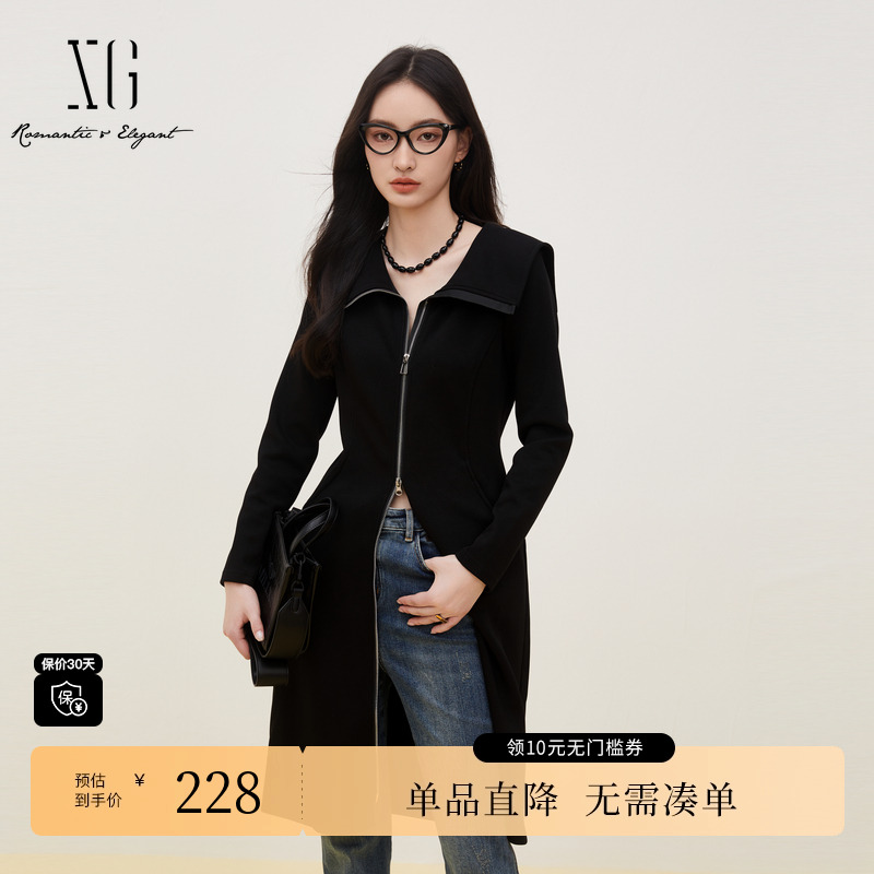 XG/雪歌XK304713A890大翻领长袖连衣裙时尚秋季新款修身中长裙女