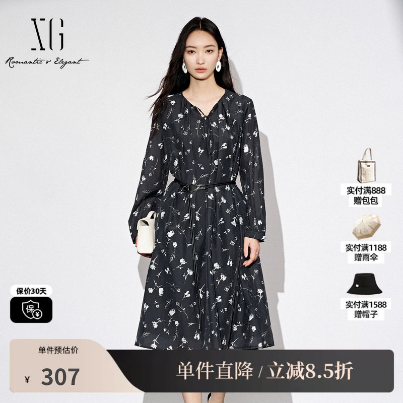XG雪歌XL304830A806满版印花长袖连衣裙2025秋季新款碎花中长裙女