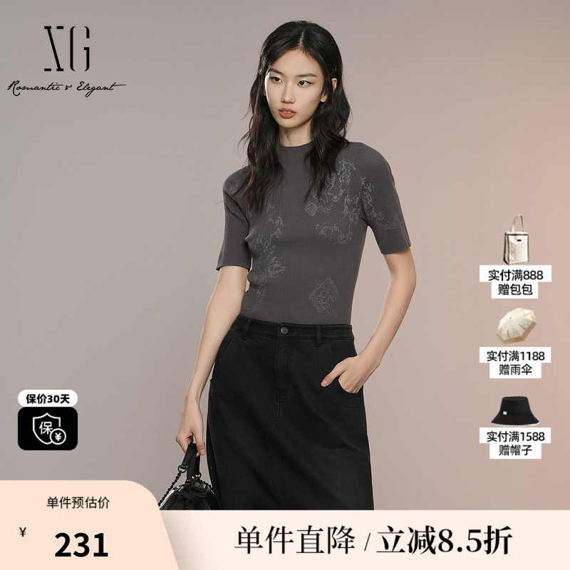 XG/雪歌XK311015A281 修身设计短袖毛针织衫银灰打底套头毛衫女装