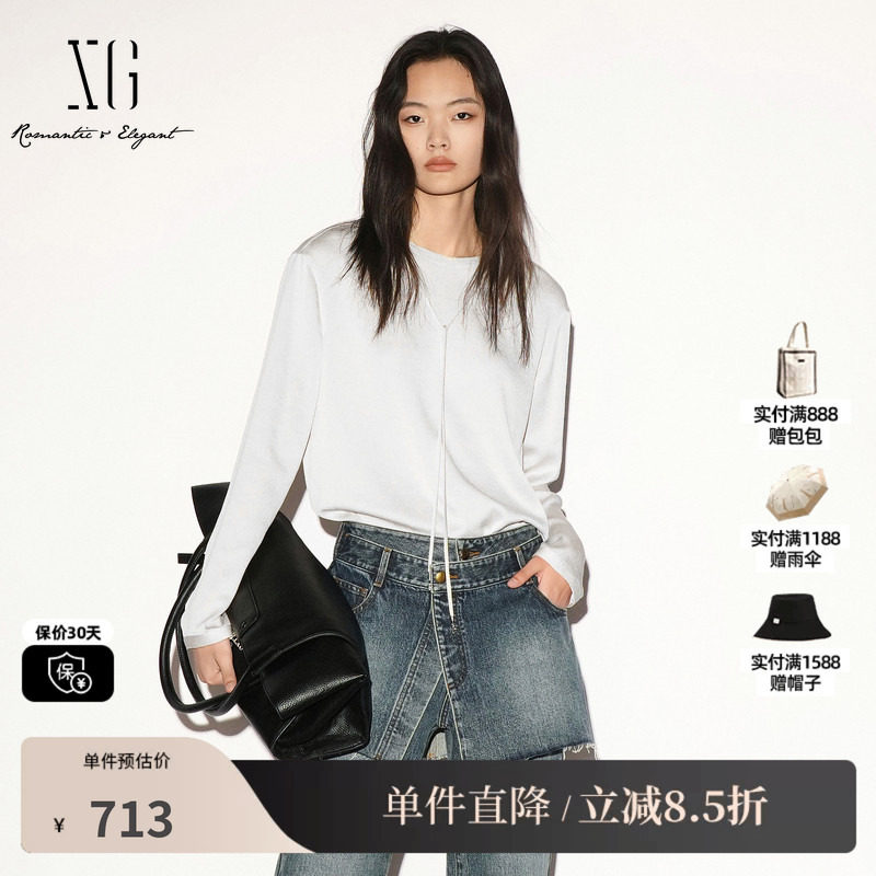 XG/雪歌 XL321009A291米白色系带圆领长袖套头衬衫宽松直筒简约女
