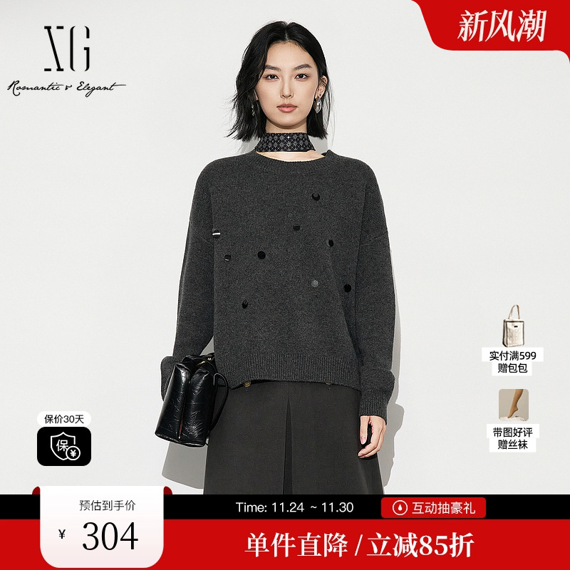 XG/雪歌XL411624A883纯绵羊毛长袖毛衣2025冬季新款黑色针织衫女