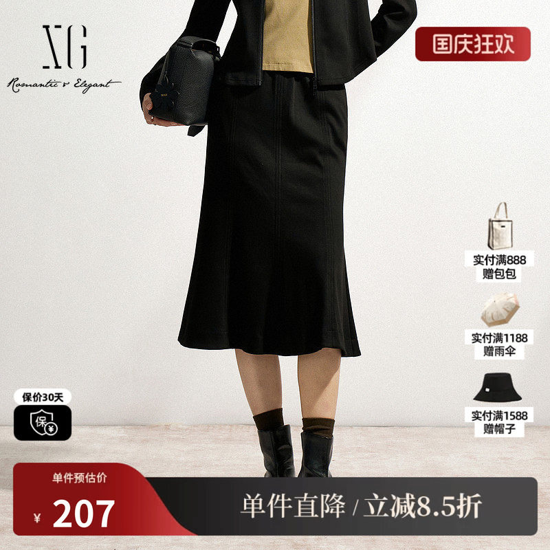 XG雪歌XK103018A190中长款半身裙2025春季新款黑色淑女风百褶裙女