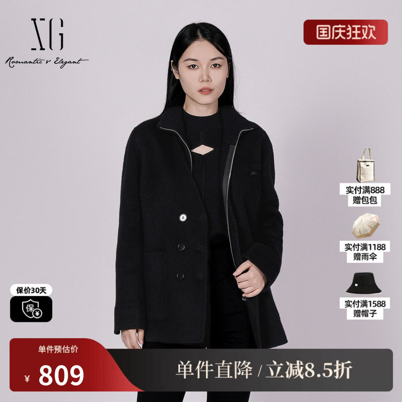 XG/雪歌 XK410051AE90黑色羊毛混纺无领毛呢外套毛衫两件套大衣女