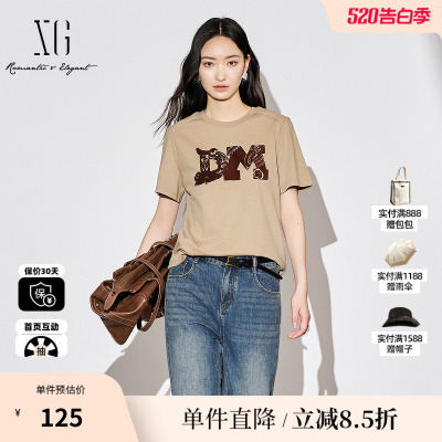 XG/雪歌XJ301002A172深咖色印花短袖T恤2025秋季新款莱赛尔上衣女