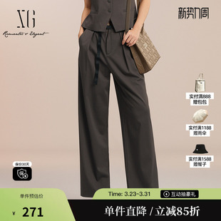 褶皱腰带通勤阔腿西装 灰棕色直筒休闲长裤 女 雪歌XK202030A174