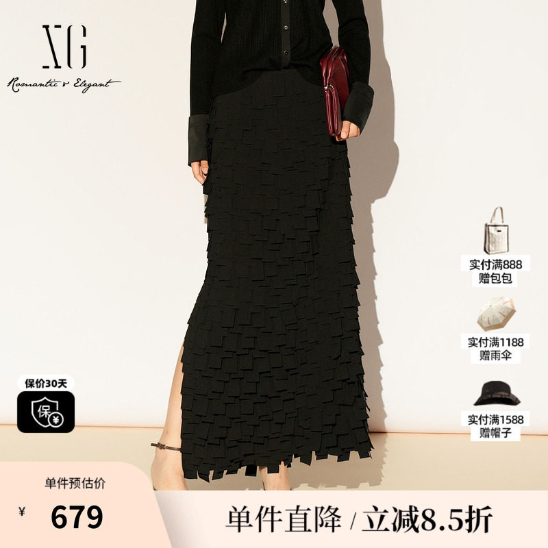 XG雪歌XL103019A190黑色设计感半身裙2026春季新款拼接直筒长裙女