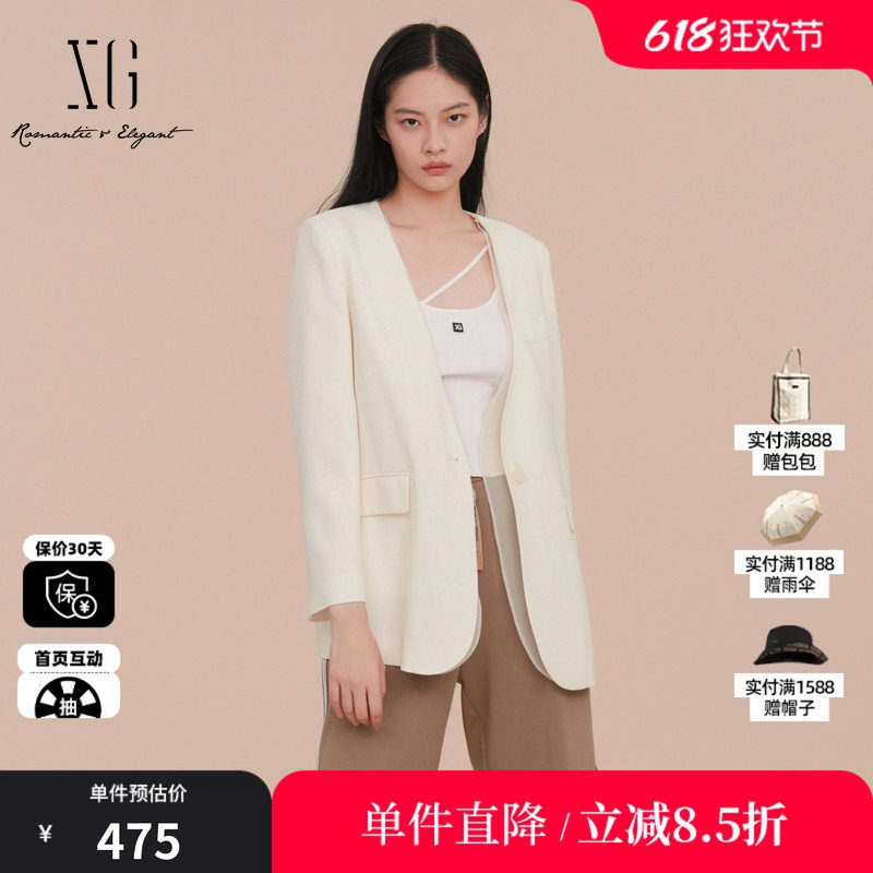 XG/雪歌XK107025A591纯醋纤V领西装网纱拼接白色职场长袖外套女装