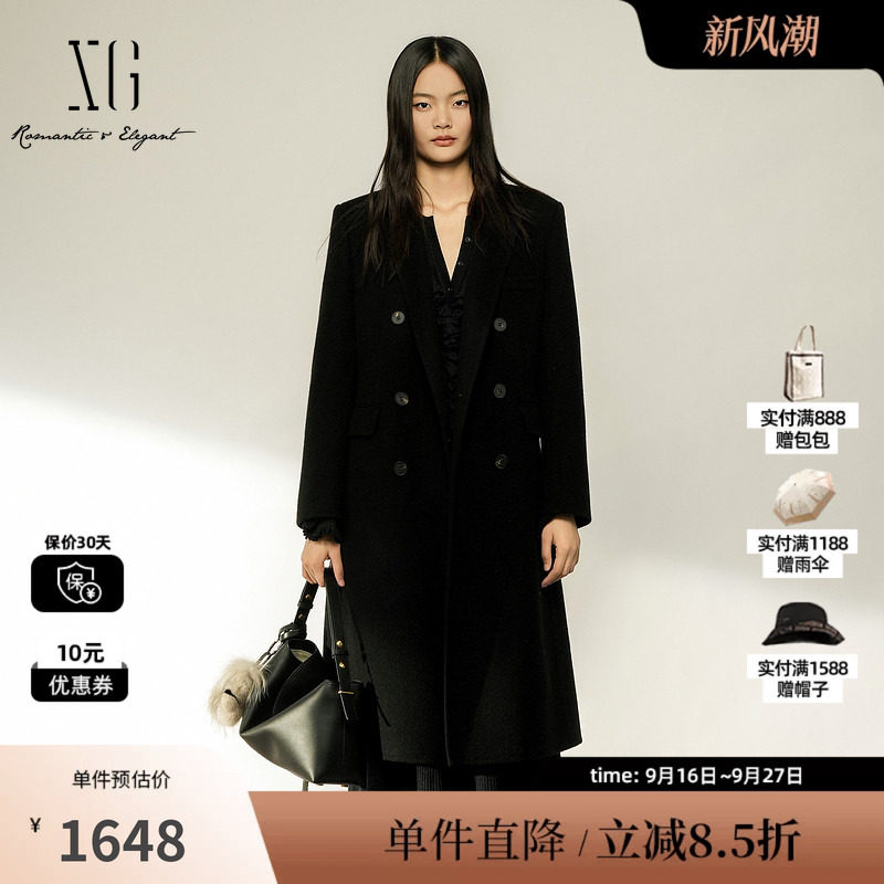XG/雪歌 XL410008A590黑色羊毛混纺双排扣翻领毛呢外套保暖大衣女
