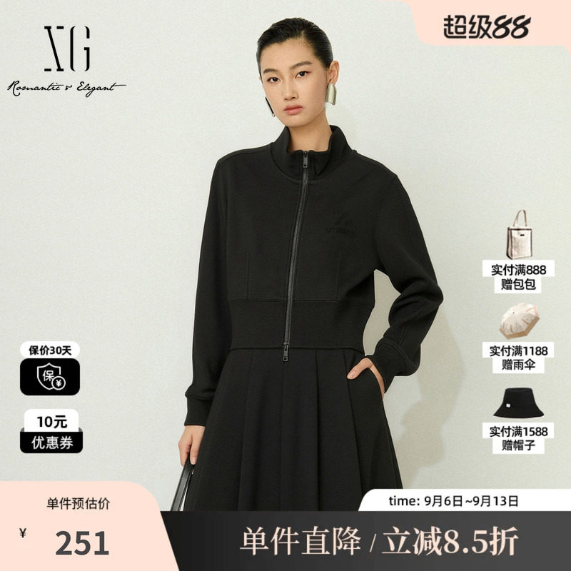 XG/雪歌 XK407815A890黑色棉感立领拉链短款直筒外套休闲夹克女装
