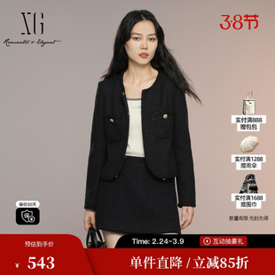 XG雪歌XK307026A390小香风长袖短外套2025秋季新款黑色短款外套女