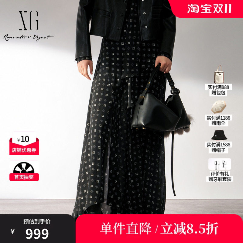 XG/雪歌XL403016B194黑色满印桑蚕丝不规则A字半身裙休闲长裙女装