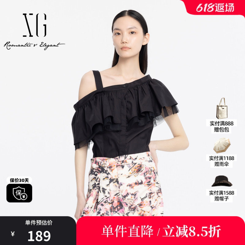 XG雪歌XJ221037A890黑色网纱拼接衬衫时尚夏季新款露肩短袖上衣女