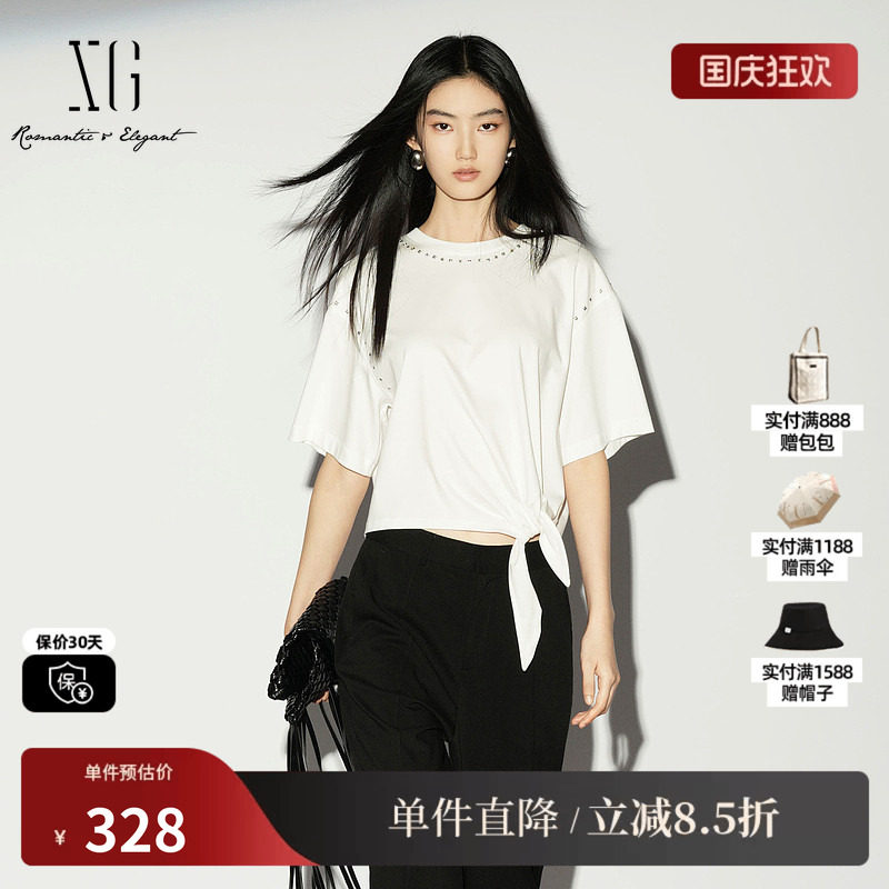 XG/雪歌XL201018A251白色棉感短袖T恤薄款圆领绑带钉珠短上衣女装