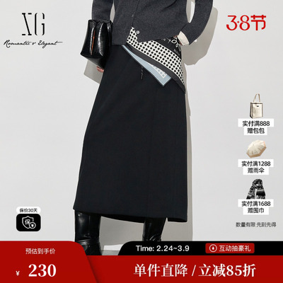 XG/雪歌XL403616A890系带收腰半身裙2025冬季新款黑色中长A字裙女