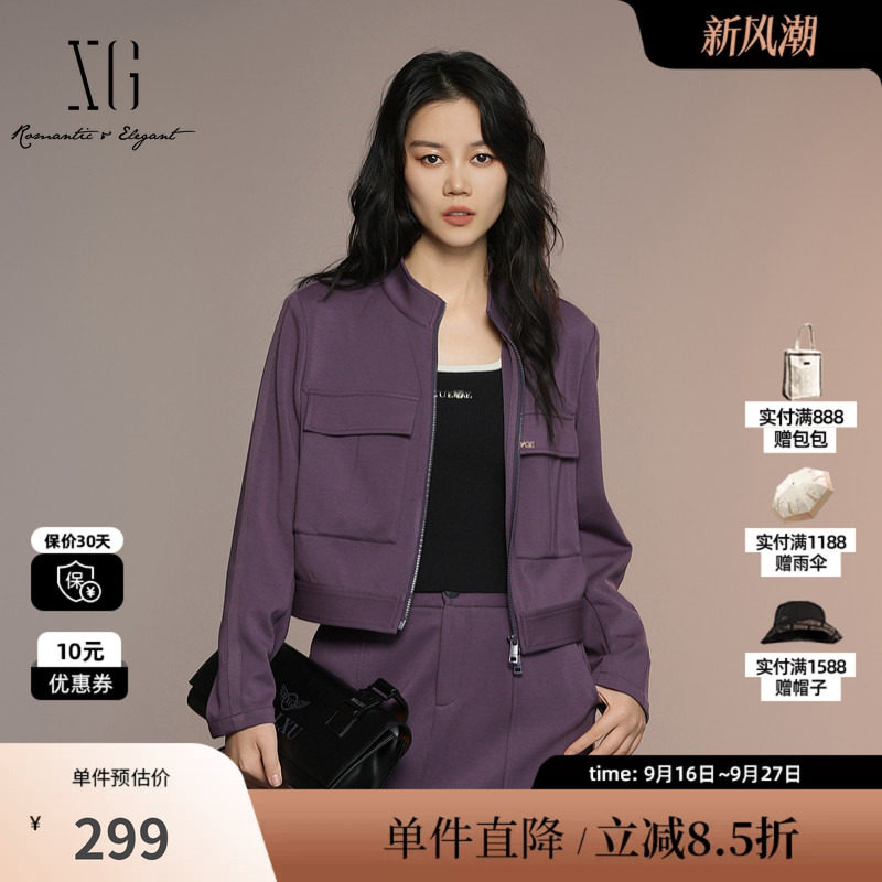 XG/雪歌XK307014A403深紫色短外套2025秋季新款大口袋圆领外套女