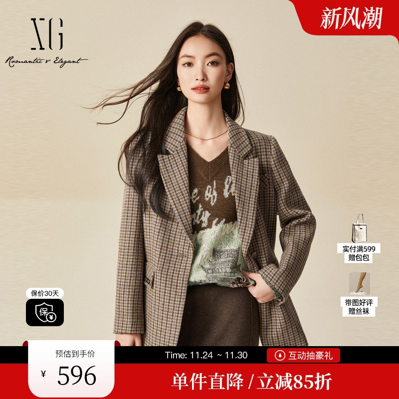 XG/雪歌XJ407032B695格纹长袖毛呢外套时尚冬季新款绵羊毛大衣女