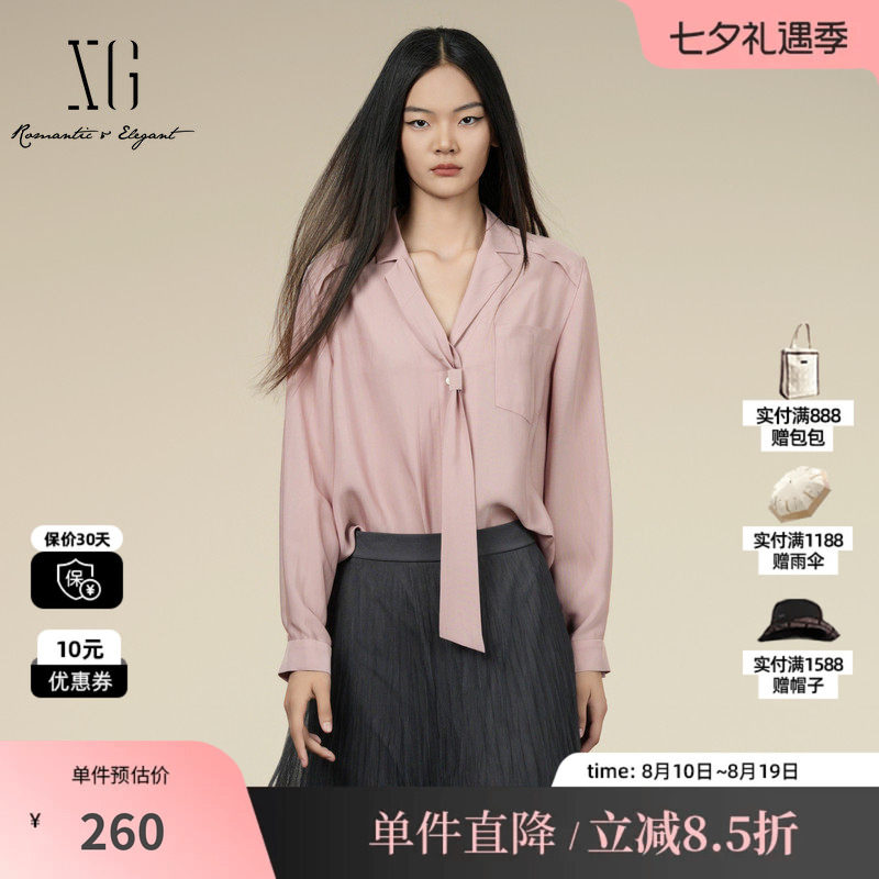 XG/雪歌XK321010A318粉色醋纤长袖衬衫2025秋季新款系带领上衣女