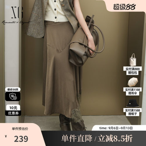 XG/雪歌XK303014A274蕾丝拼接半身裙2025秋季新款不规则A字裙女装