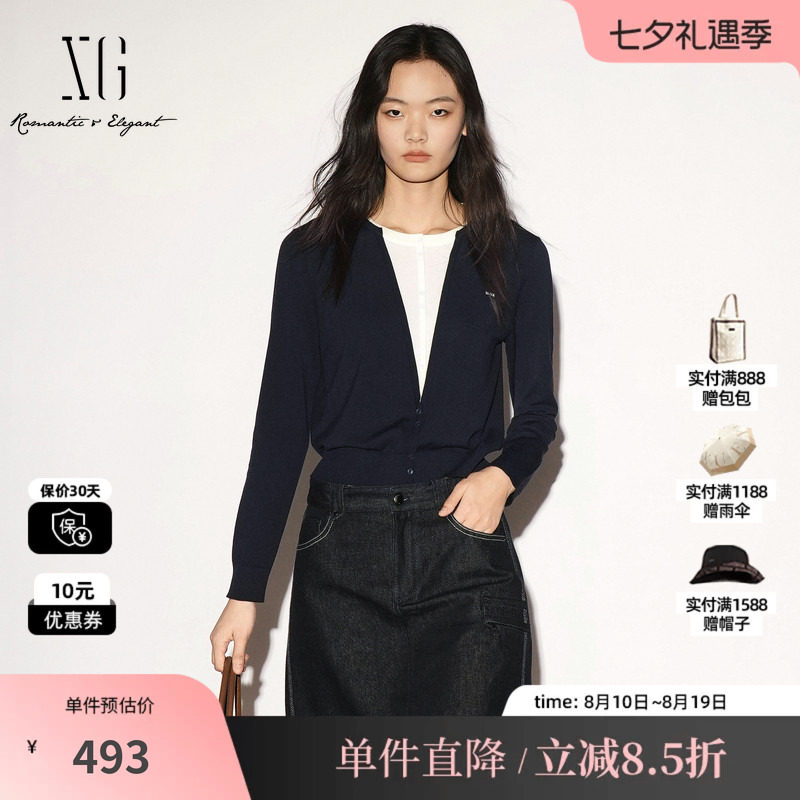 XG/雪歌 XL311005B228藏青白色假两件醋纤棉混纺长袖针织衫通勤女