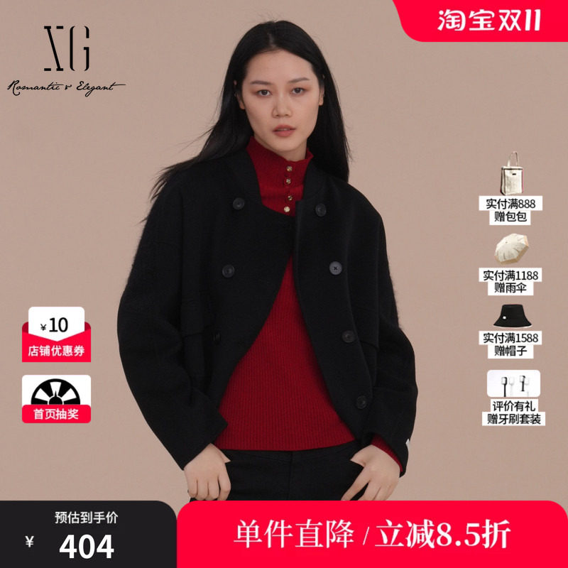 XG雪歌XJ410068A990黑色短款毛呢外套时尚冬季新款纯绵羊毛大衣女