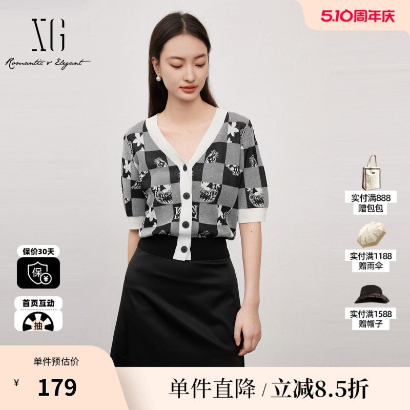 XG雪歌XJ211014B697黑色薄款短袖毛针织衫时尚夏季新款开衫上衣女