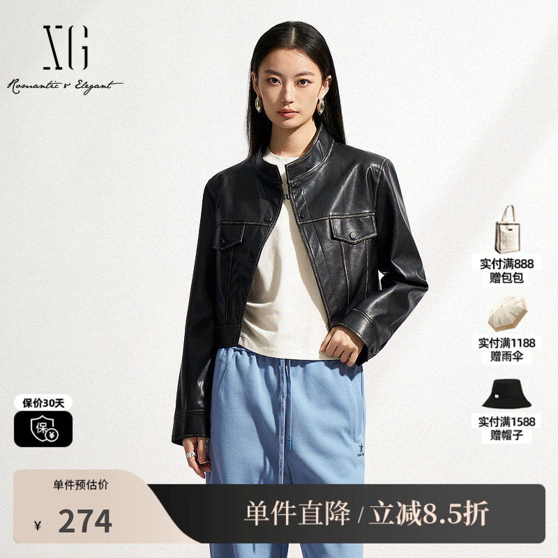 XG/雪歌XL107500A890黑色长袖短外套2025春季新款短款皮衣外套女